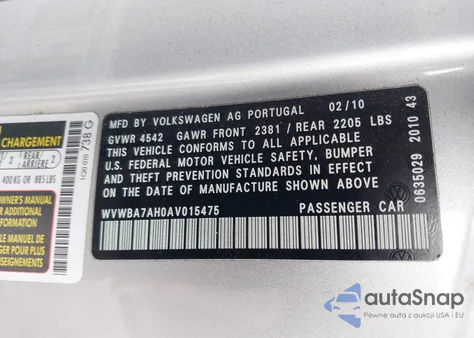 2010 Volkswagen Eos Komfort z USA, uszkodzony, nr VIN WVWBA7AH0AV015475